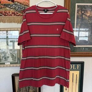 Vintage 00s Volcom Men's Skateboarding Red Striped Short Sleeve Shirt Size 2XL